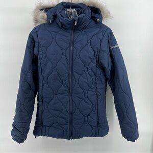 Columbia Blue‎ Quilted Puffer Jacket with Fur Hood